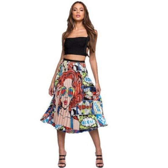 NWT Pop Art Cartoon Kiki Comic Chic High Waist Pleated Skirt OSFM - Picture 2 of 12